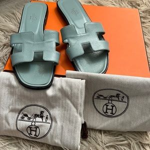 Hermes Sky Blue Leather Oran Sandals Size 37.5